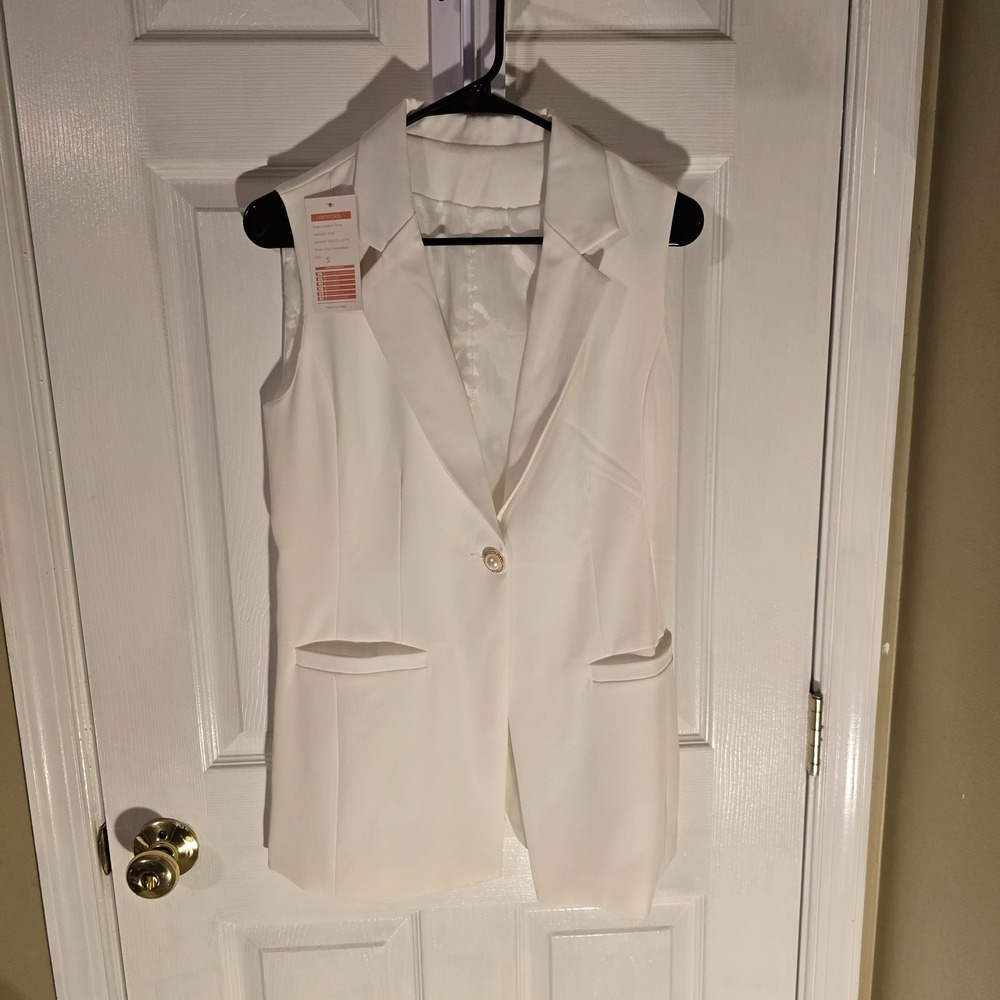 Womens White Sleeveless Blazer Vest Single Button Notched Lapel Size S NWT